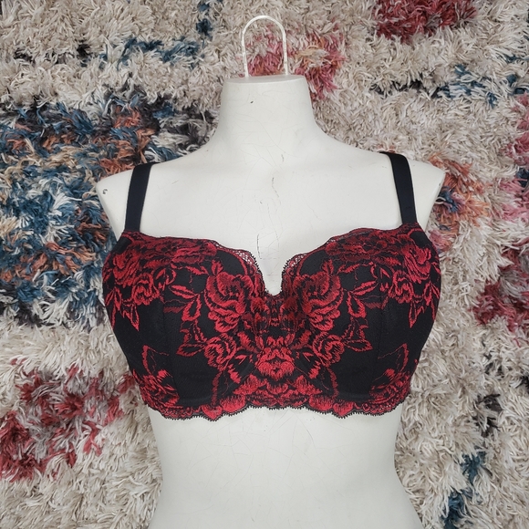 La Senza So Free Black Underwire Red Lace Bra Floral Lingerie Boudoir 36D